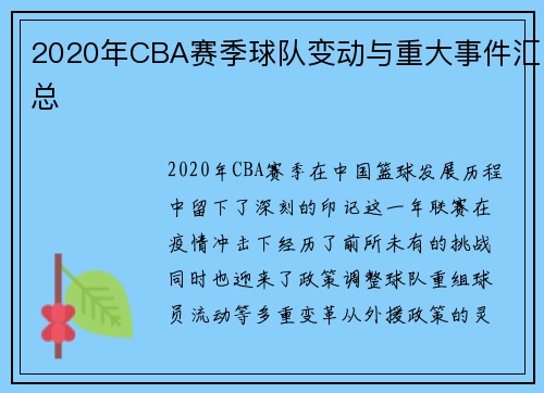 2020年CBA赛季球队变动与重大事件汇总